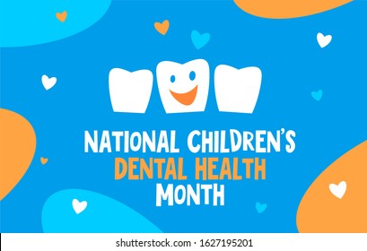 National Children s Dental Health Month vector banner. Cartoon logo design for the children's dentist clinic. Protecting teeth and promoting good health, prevention of dental caries in children.