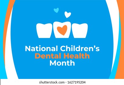 National Children s Dental Health Month vector banner. Logo design for the children's dentist clinic. Protecting teeth and promoting good health, prevention of dental caries in children.