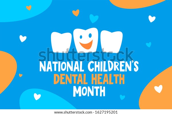 National Children s Dental Health Month vector\
banner. Cartoon logo design for the children\'s dentist clinic.\
Protecting teeth and promoting good health, prevention of dental\
caries in children.