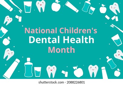 National Children's Dental Health Month. Banner for the children's dental clinic. Care of teeth and oral cavity of children. Vector horizontal background frame with place for text.