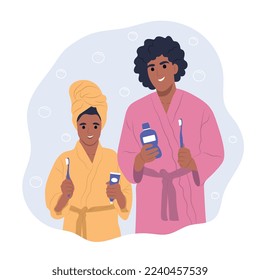 National Childrens Dental Health Month. The african american child and her mother are holding toothbrushes, toothpaste and mouthwash. Vector flat illustration