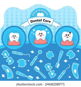 Afiche nacional del mes de la salud dental de los niños con personajes de dibujos animados de los dientes lindos de kawaii, tema de higiene oral para la clínica dental