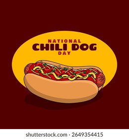 National Chili Dog Day to celebrate on last Thursday in July. A hot dog topped with meat sauce, spices and a few pieces of cheese on a dark brown background. Food event banner.