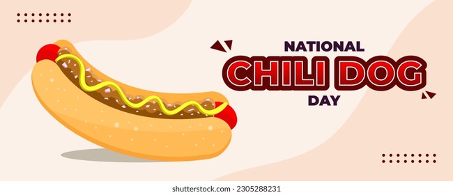 National Chili Dog Day on 27 July Banner Background. Hot Dog With Meat, Onion, Chili Sauce, and Mustard. Horizontal Banner Template Design. Vector Illustration