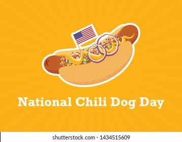 National Chili Dog Day vector. Chili Dog with garnish vector. Hot Dog with mustard and onion icon. American hotdog sandwich vector. Chili Dog with american flag