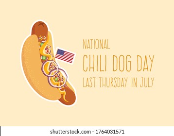 National Chili Dog Day vector. Chili Dog with garnish vector. Hot Dog with mustard and onion icon. American hotdog sandwich vector. Chili Dog with american flag. American delicacy vector
