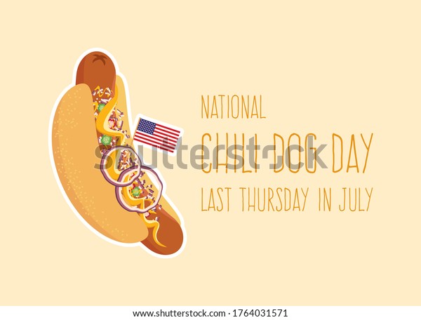 National\
Chili Dog Day vector. Chili Dog with garnish vector. Hot Dog with\
mustard and onion icon. American hotdog sandwich vector. Chili Dog\
with american flag. American delicacy\
vector