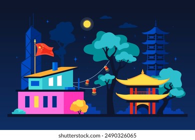 National Chinese Buildings - modern colored vector illustration with Shinto shrines and small chapels for the gods against the backdrop of a trendy metropolis and skyscrapers. Night, moon, neon light