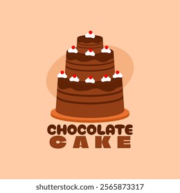 National Chocolate Cake Day to celebrate on January 27th. Three tiers of chocolate cake with cream topping and cherries on beige background. Food event banner.