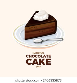 National Chocolate Cake Day poster vector illustration. Slice of chocolate cake with whipped cream icon vector. Piece of chocolate cake on a plate drawing. January 27. Important day