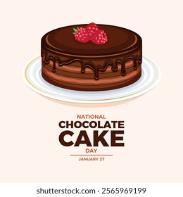 National Chocolate Cake Day poster vector illustration. Whole round chocolate cake with raspberries icon vector. Template for background, banner, card, poster. January 27. Important day