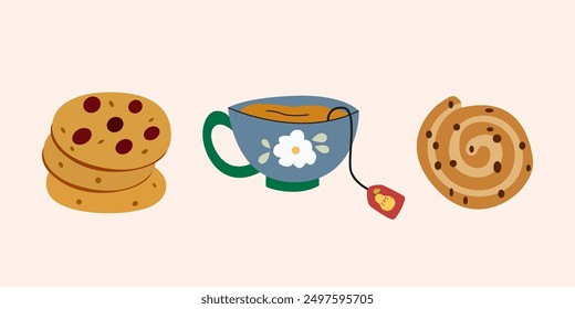 Día nacional de galletas con chispas de chocolate. Dulces y deliciosos pasteles. Ilustración vectorial de galletas de chispas de chocolate. Confitería y productos dulces