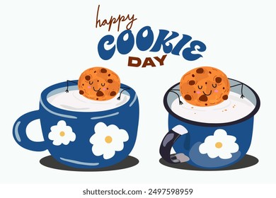 National chocolate chip cookie day. Happy cookie day poster. Chocolate chip cookie and cup of milk. Cookies cute characters. Confectionery vector retro icons