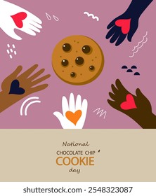 Día nacional de galletas con chispas de chocolate. Dibujado a mano Ilustración vectorial plana de dibujos animados. Anuncio, cartel, tarjeta de felicitación, menú, receta