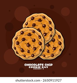 National Chocolate Chip Cookie Day to celebrate on August 4th. Three delicious chocolate chip cookies on dark brown background. Food event banner.