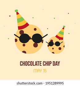 National Chocolate Chip Day vector cartoon style greeting card, illustration with couple of cute characters in black sunglasses and party hats.
