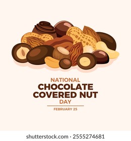 National Chocolate Covered Nut Day poster vector illustration. Mixed nuts in chocolate icon vector. Template for background, banner, card. February 25 every year