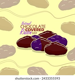 National Chocolate Covered Raisin Day event banner. Raisins covered in chocolate, with bold text on light brown background to celebrate on March 24