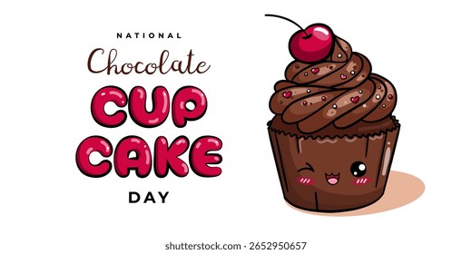 Día Nacional del Cupcake de Chocolate. Plantilla de Vector para la celebración, Anuncio, cartel, tarjeta con el carácter lindo del postre y diseño de la tipografía en el fondo blanco