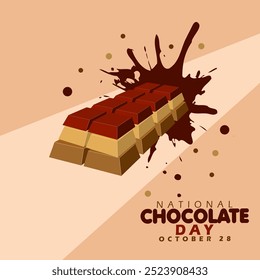 National Chocolate Day is celebrated on October 28. Dark, white and original chocolate flavors with chocolate liquid splash. Event food banner.