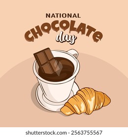 national chocolate day, drawing card with coffee, chocolate and croissant