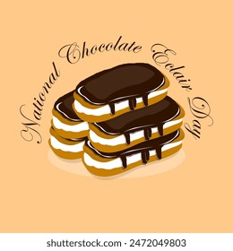 National Chocolate Eclair Day event banner. Sandwich bread with chocolate topping and cream filling on light brown background to celebrate on June 22nd