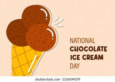 Tarjeta de saludo vectorial del Día Nacional del Helado de Chocolate, ilustración con lindo cono de helado de chocolate al estilo de dibujos animados. 7 de junio.
