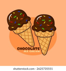 National Chocolate Ice Cream Day to celebrate on June 7th. Two delicious chocolate ice cream cones with colorful chocolate sprinkles on an orange background.