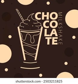 National Chocolate Milkshake Day event drink banner. Line art illustration of a glass of chocolate milkshake on dark brown background to celebrate on September 12th