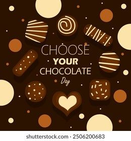 National Choose Your Chocolate Day event food banner. Several types and shapes of delicious chocolate on dark brown background to celebrate on September 16th