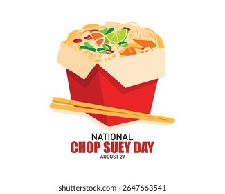 National Chop Suey Day ilustração de desenho animado plano. Tigela com macarrão e vegetais ícone vetor. Comida chinesa americana. 29 de agosto. Arte com comida isolada.