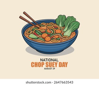 National Chop Suey Day ilustração de desenho animado plano. Tigela com macarrão e vegetais ícone vetor. Comida chinesa americana. 29 de agosto. Arte com comida isolada.