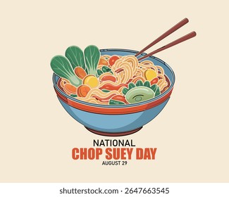 National Chop Suey Day ilustração de desenho animado plano. Tigela com macarrão e vegetais ícone vetor. Comida chinesa americana. 29 de agosto. Arte com comida isolada.