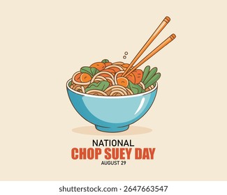 National Chop Suey Day ilustração de desenho animado plano. Tigela com macarrão e vegetais ícone vetor. Comida chinesa americana. 29 de agosto. Arte com comida isolada.