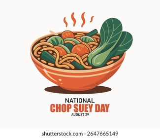 National Chop Suey Day ilustração de desenho animado plano. Tigela com macarrão e vegetais ícone vetor. Comida chinesa americana. 29 de agosto. Arte com comida isolada.
