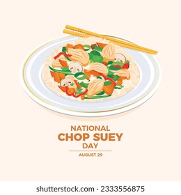 National Chop Suey Day Vektorgrafik. Reis, gehackte Hühnerstücke und Gemüse Ikone Vektorgrafik. Amerikanisch-chinesischer Kochkunst. 29. August jedes Jahr. Wichtiger Tag