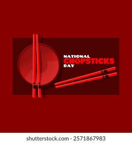 National Chopsticks Day to celebrate on February 6th. Two pairs of red chopsticks and a red bowl on red background.