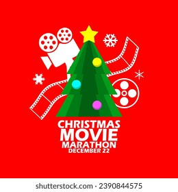 National Christmas Movie Marathon Day event banner. Christmas tree icon with camera, film roll, film tape and snowflakes, with bold text on red background to celebrate on December 23