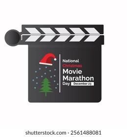 National Christmas Movie Marathon Day is celebrated annually on December 23. Movie clap, Christmas cap and tree design concept.