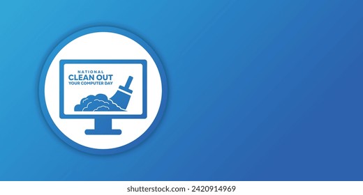 National Clean Out Your Computer Day. Computer, cleaning brush, dust. Area for text. Template for background, banner, card, poster with text writing. Blue Background. EPS10 vector illustration.