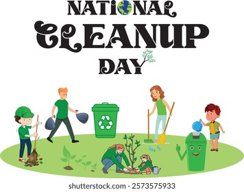 National Cleanup day with kids, trash bin. vector, illustration, logo, icon, green, cleanup, day, holiday, festival, culture, national, dustbin, shovel, kids, tree, garbage, celebration.