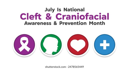 National Cleft and Craniofacial Awareness and Prevention Month. Ribbon, kid, heart and plus icon. Perfect for cards, banners, posters, social media and more. White background. 