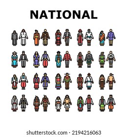 National Clothes Costume Design Icons Set Vector. Spanish And Turkey, Ukrainian And Polish, American And Scotland National Clothes, Dutch And Arab And Mexican Traditional Clothing Color Illustrations