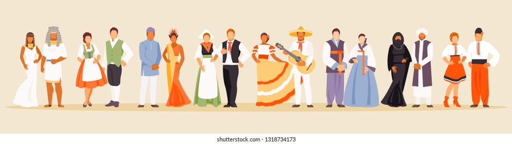 National clothes of Egypt, Italy, Indonesia, the Netherlands, Mexico, Korea, Yemen and Ukraine Vector illustration