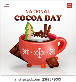 Día Nacional del Cacao. Una taza de chocolate caliente en un vaso rojo con crema, barra de chocolate, galletas de pino y rollo de wafer. 3d vector, perfecto para Navidad y eventos