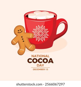 National Cocoa Day poster vector illustration. Red mug of hot chocolate with marshmallow icon vector. Cup of cocoa and gingerbread man drawing. Template for background, banner, card. December 13.