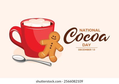 National Cocoa Day poster vector illustration. Red mug of hot chocolate with marshmallow icon vector. Cup of cocoa and gingerbread man drawing. Template for background, banner, card. December 13.