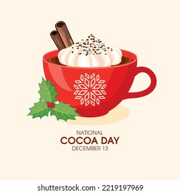 National Cocoa Day vector. Red mug of hot chocolate with whipped cream and cinnamon icon vector. Christmas beverage drawing. December 13. Important day