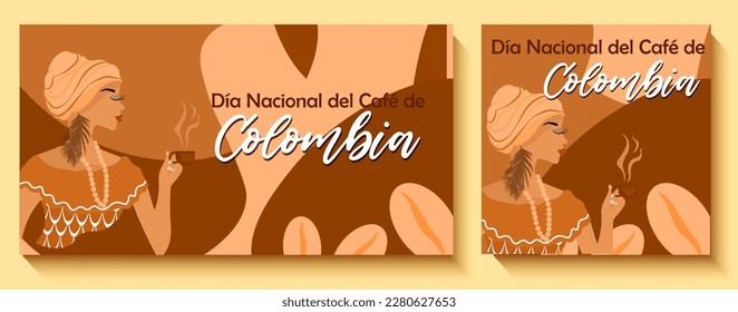 Cartel del Día Nacional del Café en Colombia. Mujer afrocolombiana sosteniendo una taza de café en su mano. Ropa nacional colombiana. Inscripción en español: Día Nacional del Café en Colombia