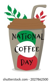 National Coffee Day Italy. Glass with a straw decorative spots in the color of the Italian flag. Vector illustration design for coffee houses, poster.